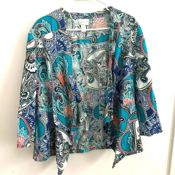 Chicos Womens 100% Linen Drape Jacket Large
2 Blue Paisley Artsy Open Front - Picture 1 of 8
